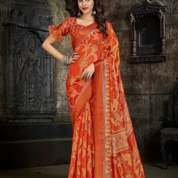 Mitera Orange & Yellow Floral Printed Pure Linen Jamdani Saree-picture-11