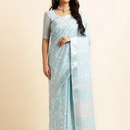 ALAGINI Paisley Embroidered Zari Detailed Pure Linen Saree-image-38