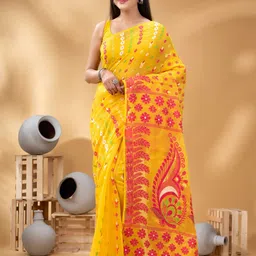 DESH BIDESH Ethnic Motifs Woven Design Pure Cotton Jamdani Saree-picture-37