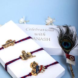 PANASH Unisex Set of 3 Gold-Plated Thread Rakhi With Mor Pankh Stick & Roli Chawal-image-12