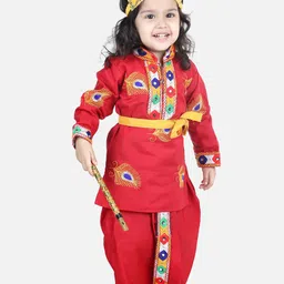 BownBee Boys Ethnic Motifs Embroidered Kurta & Dhoti Pants With Mukut Bansuri & Belt-29