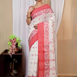 PuJoy Floral Pure Cotton Handloom Taant Saree-49