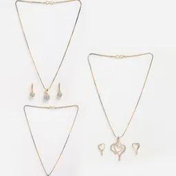 DressBerry Set Of 3 Gold-Plated CZ-Studded Heart Shaped Pendant With Chain & Earrings-9
