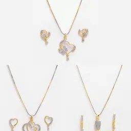 DressBerry Set Of 3 Gold-Plated CZ-Studded & Heart-Charm Pendant With Chain & Earrings-12