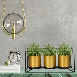 House of Sajja Gold Toned 3 Pieces Cylindrical Shaped Metal Planters With Stand-17
