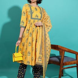 KETCH Floral Printed Pleated A-Line Kurta with Trousers & Dupatta-image-41