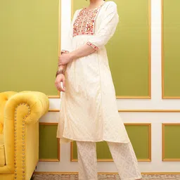 Vishudh Ethnic Motifs Yoke Design Regular Thread Work Pure Cotton Kurta with Trousers-1
