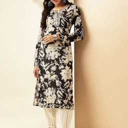 Anouk Floral Printed Mirror Work Cotton Notched -Neck Straight Kurta with Harem Trouser-39