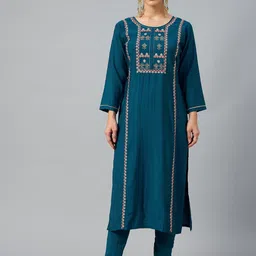 SheWill Women Teal Blue Floral Embroidered Sequinned Kurta with Trousers-33