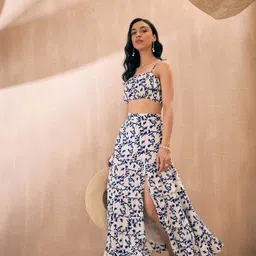 Pink Paprika by SASSAFRAS Navy Blue Ikat Printed Shoulder Strap Crop Top And Skirt Co-Ords-image-45