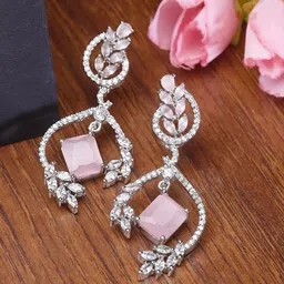 ZENEME Rhodium-Plated American Diamond Studded Square Drop Earrings-16