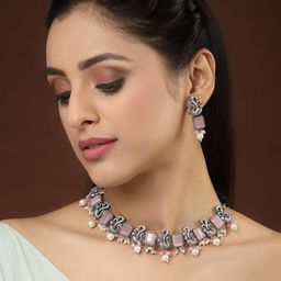 PANASH Oxidized Silver-Toned Pink Peacock Shaped Pearl Choker Necklace with Earrings-image-53