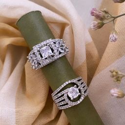 ATIBELLE Set of 2 Silver Plated Floral Shaped Cubic Zirconia Studded Rings-image-56