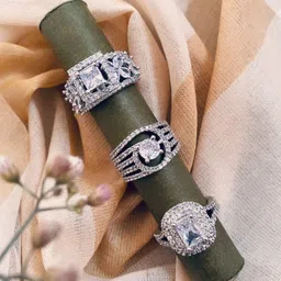 ATIBELLE Set of 3 Silver-Plated Cubic Zirconia Stone Studded Adjustable Finger Rings-57