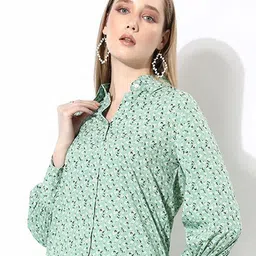 ANVI Be Yourself Floral Printed Shirt Collar Gathered Crepe Shirt Style Top-image-64