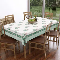 BLOCKS OF INDIA White & Green Block Print Pure Cotton Rectangular 6 Seater Table Cover-10