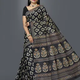 SHANVIKA Black & Beige Ethnic Motifs Pure Cotton Block Print Saree-picture-14