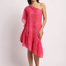 EROTISSCH Pink Abstract Printed Relaxed Fit Semi Sheer Swimwear Cover Up Dress-picture-39