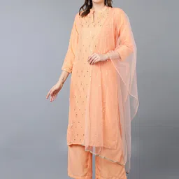 AHIKA Peach-Coloured Ethnic Motifs Embroidered Straight Kurta & Palazzos With Dupatta-picture-5