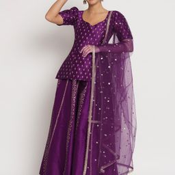 studio rasa Printed V-Neck Puffed Sleeves Ready to Wear Lehenga & Blouse With Dupatta-image-9