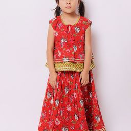 My Little Lambs Girls Red & Green Printed Block Print Ready to Wear Lehenga &-picture-6