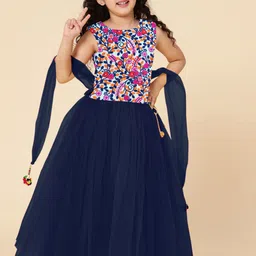 A T U N Girls Navy Blue & White Embroidered Ready to Wear Lehenga & Blouse With Dupatta-picture-19