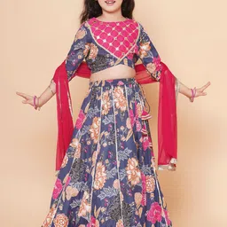 Bitiya by Bhama Girls Printed Mirror Work Ready to Wear Lehenga & Blouse With Dupatta-image-5