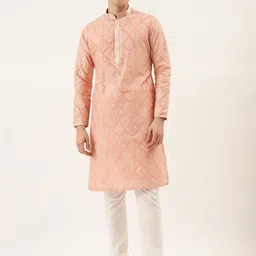 Manyavar Men Peach-Coloured & White Embroidered Kurta with Churidar-image-15