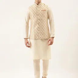 Manyavar Men Cream-Coloured & Pink Solid Kurta with Churidar & Nehru Jacket-image-9