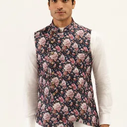 Manyavar Men Navy Blue & Pink Floral Printed Nehru Jacket-image-97