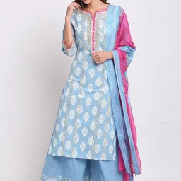 Rajnandini Women Turquoise Blue Ethnic Motifs Printed Gotta Patti Pure Cotton Kurta Set-image-52