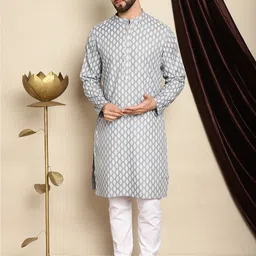 Anouk Grey Mandarin Collar Ethnic Motifs Printed Straight Kurta with Pyjamas-image-23