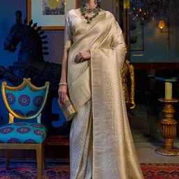 Mitera Cream-Coloured & Gold-Toned Ethnic Motifs Zari Silk Blend Kanjeevaram Saree-50