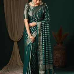 Anouk Teal Striped Pure Georgette Zari Kanjeevaram Saree-image-76