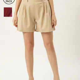 Molcha Women Pack of 2 Beige & Maroon Regular Cotton Shorts-image-13