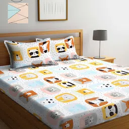 KLOTTHE White & Peach-Coloured Cartoon Characters 210 TC 2 King Bedsheet with 4 Pillow Covers-image-58