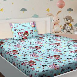 BELLA CASA Kids Blue 180 TC Cartoon Characters Single Bedsheet with 1 Pillow Cover-image-5