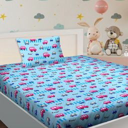BELLA CASA Kids Kingdom Blue Printed 180 TC Cotton Single Bedsheet & 1 Pillow Cover-image-77