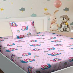 BELLA CASA Pink & Blue Graphic 180 TC Single Bedsheet with 1 Pillow Cover-image-28