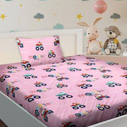 BELLA CASA Kids Kingdom Pink Printed 180 TC Cotton Single Bedsheet & 1 Pillow Cover-image-78