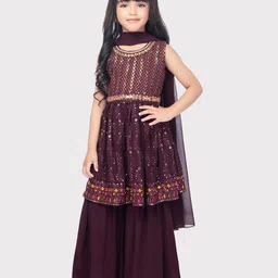 BETTY Girls Floral Embroidered Empire Sequinned Anarakali Kurta With Sharara & Dupatta-picture-19