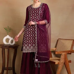 KALINI Ethnic Motifs Embroidered Regular Kurta with Sharara & With Dupatta-picture-4