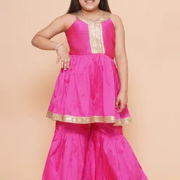 Modish Couture Girls Shoulder Straps Gotta Patti Tiered Anarkali Kurta With Sharara-image-64