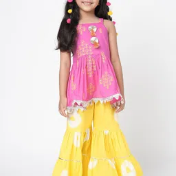 LIL DRAMA Girls Pink Floral Embroidered Regular Thread Work Pure Cotton Kurta With Sharara-picture-6