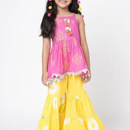 LIL DRAMA Girls Floral Embroidered Pure Cotton Kurta With Sharara-picture-55