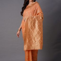 Mitera Peach-Coloured & Gold-Toned Floral Zari Silk Blend Banarasi Saree-image-84