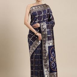 Rekha Maniyar Navy Blue & Gold-Toned Floral Zari Silk Blend Banarasi Saree-image-51