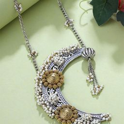 Yellow Chimes Silver Oxidised Moon Designed Moti Beadded Jewellery Set-21