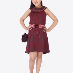 CUTECUMBER Maroon Floral Jacquard Dress With Sling Bag-picture-13