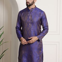 Sojanya Men Blue & Golden Ethnic Motifs Jacquard Kurta-picture-28